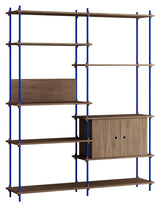 Shelving System m. skab, 2 fag, 8 hylder, H:200, Røget Eg/Blå - Unoliving.com