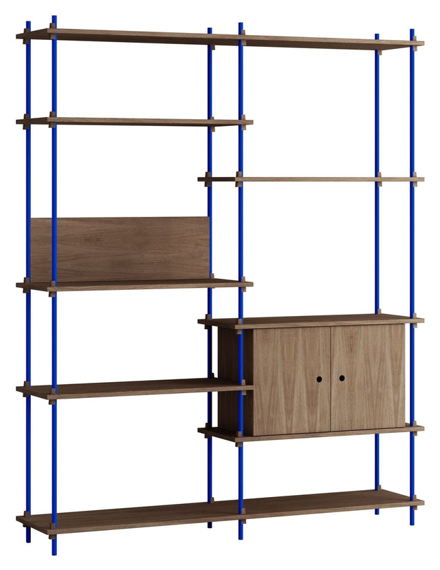 Shelving System m. skab, 2 fag, 8 hylder, H:200, Røget Eg/Blå - Unoliving.com