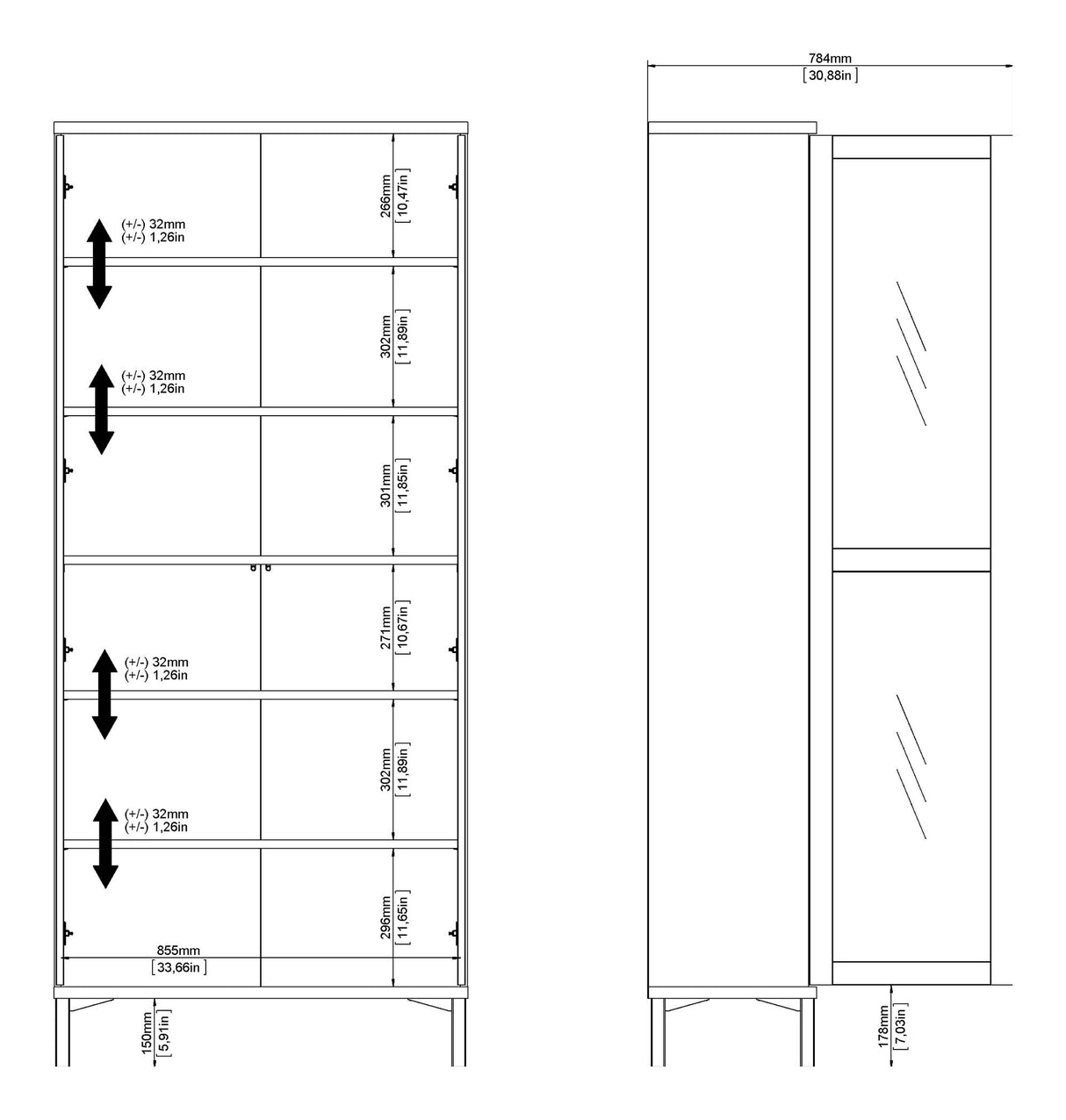 Roomers Vitrineskab m. 2 låger - Hvid/Ege struktur