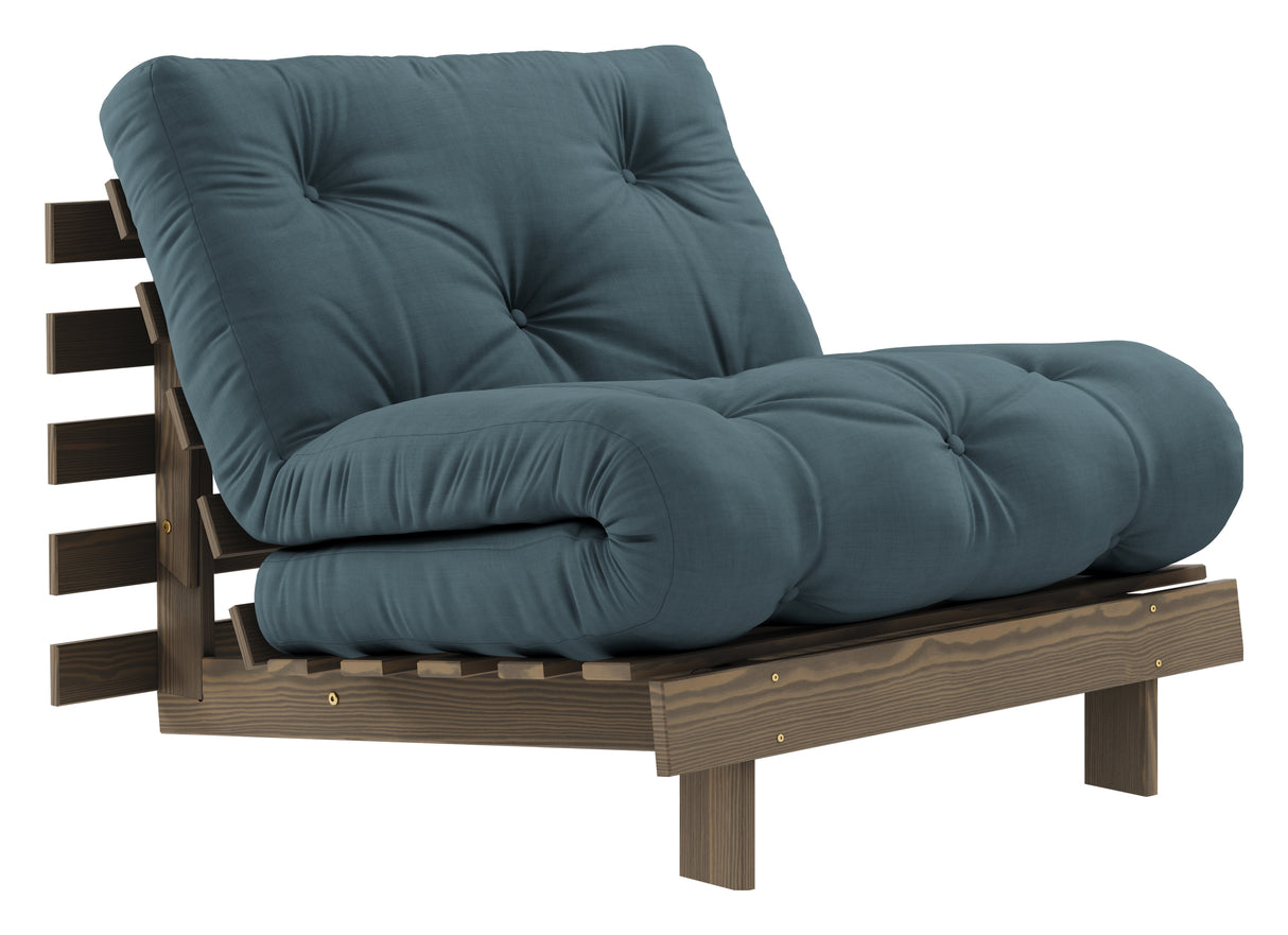 Roots 90 Sovesofa, Brun lakeret fyrretræ, Petrol Blue - Unoliving.com