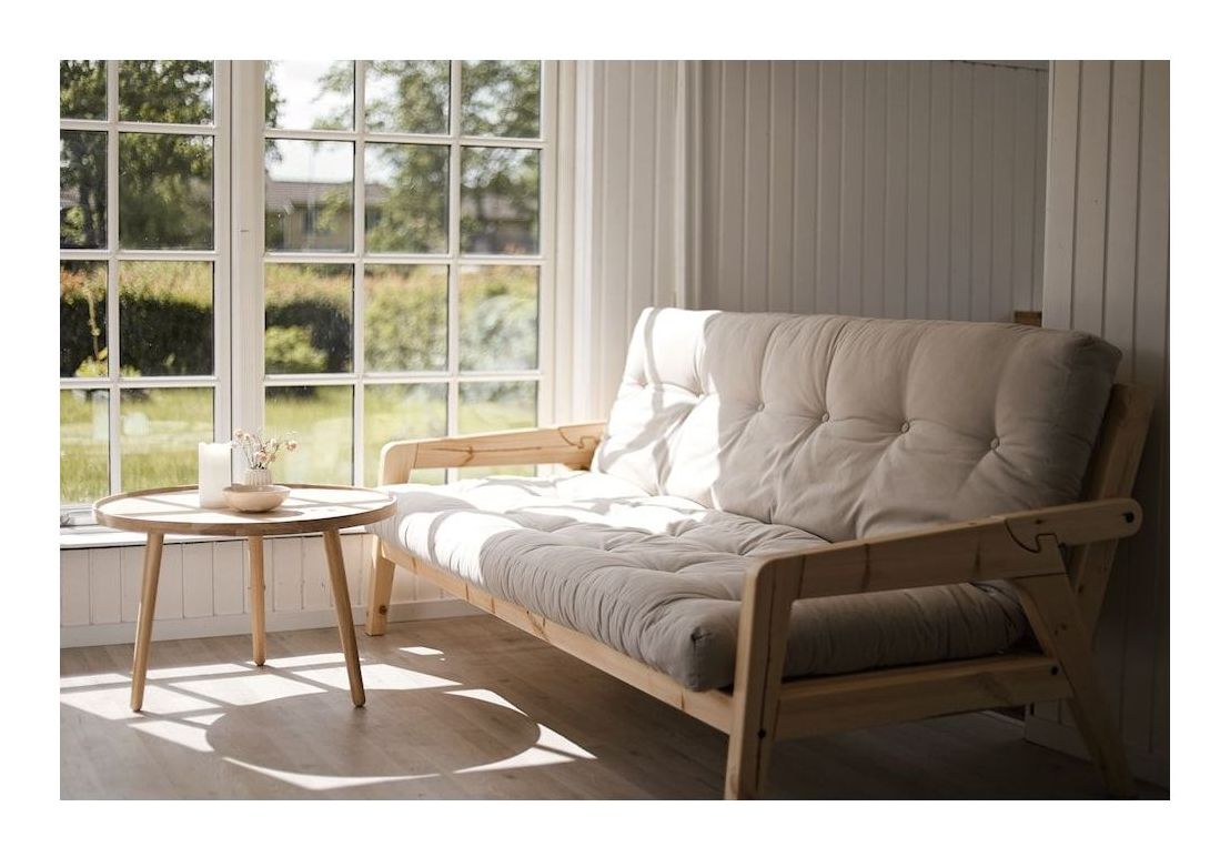 Grab Sovesofa, Brun lakeret fyrretræ, Brun fløjl - Unoliving.com