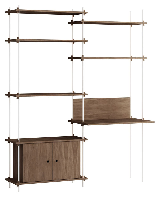 Shelving System m. skrivebord og skab, 2 fag, 4 hylder, H:200, Røget Eg/Hvid - Unoliving.com