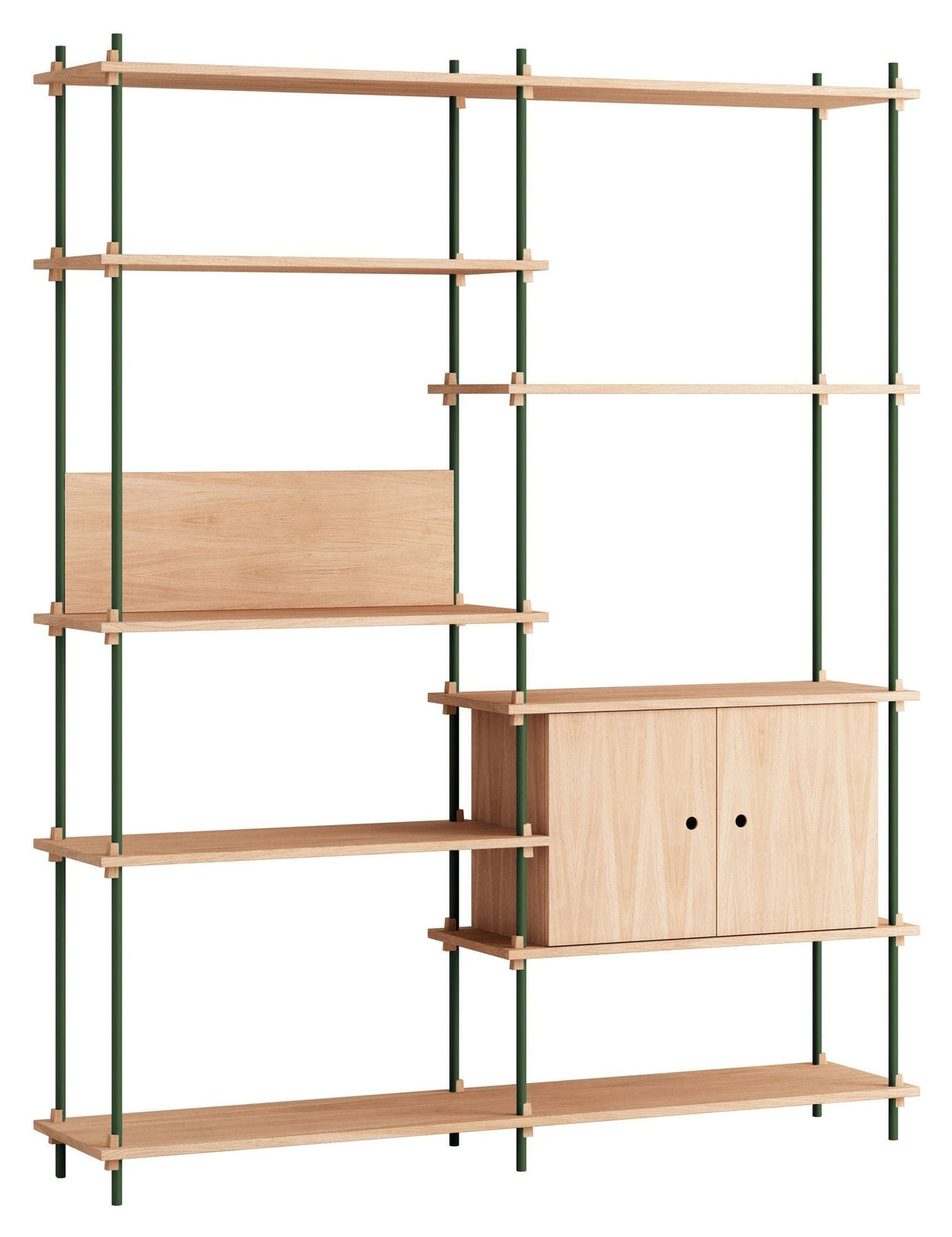 Shelving System m. skab, 2 fag, 8 hylder, H:200, Eg/Grøn - Unoliving.com