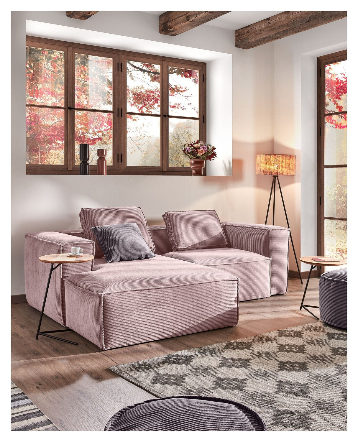 Blok 2 - pers. Sofa m. venstrevendt chaise Rosa Fløjl - UNOLIVING.COM