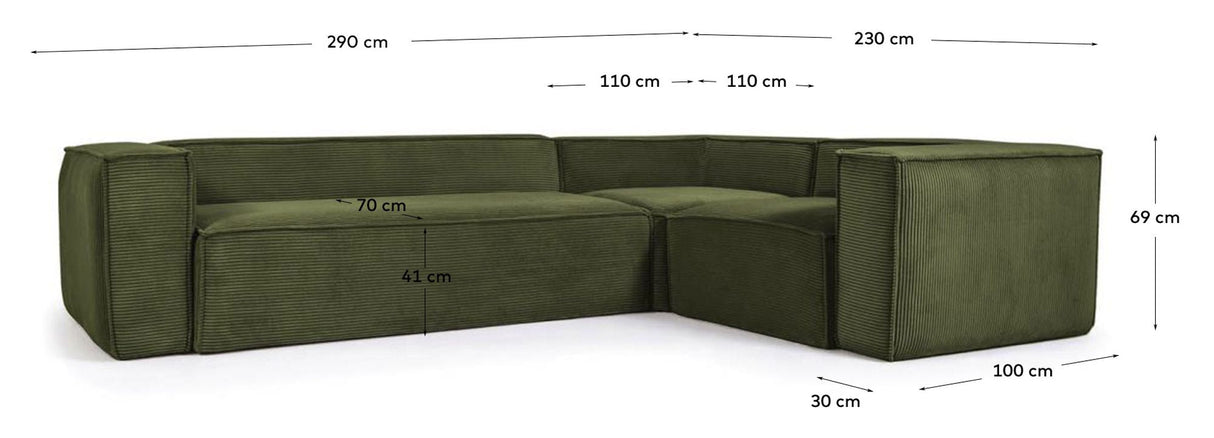 Blok 3 - pers. Hjørnesofa, 290x230, Grøn fløjl - UNOLIVING.COM