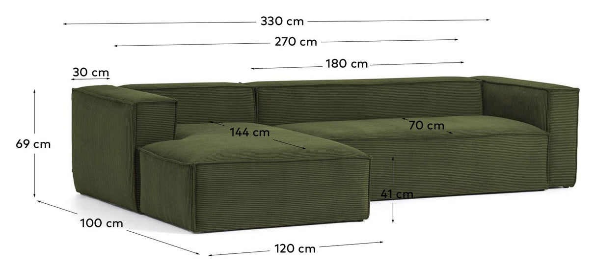 Blok 3 - pers. Sofa m. venstrevendt chaiselong, B330, Grøn fløjl - UNOLIVING.COM