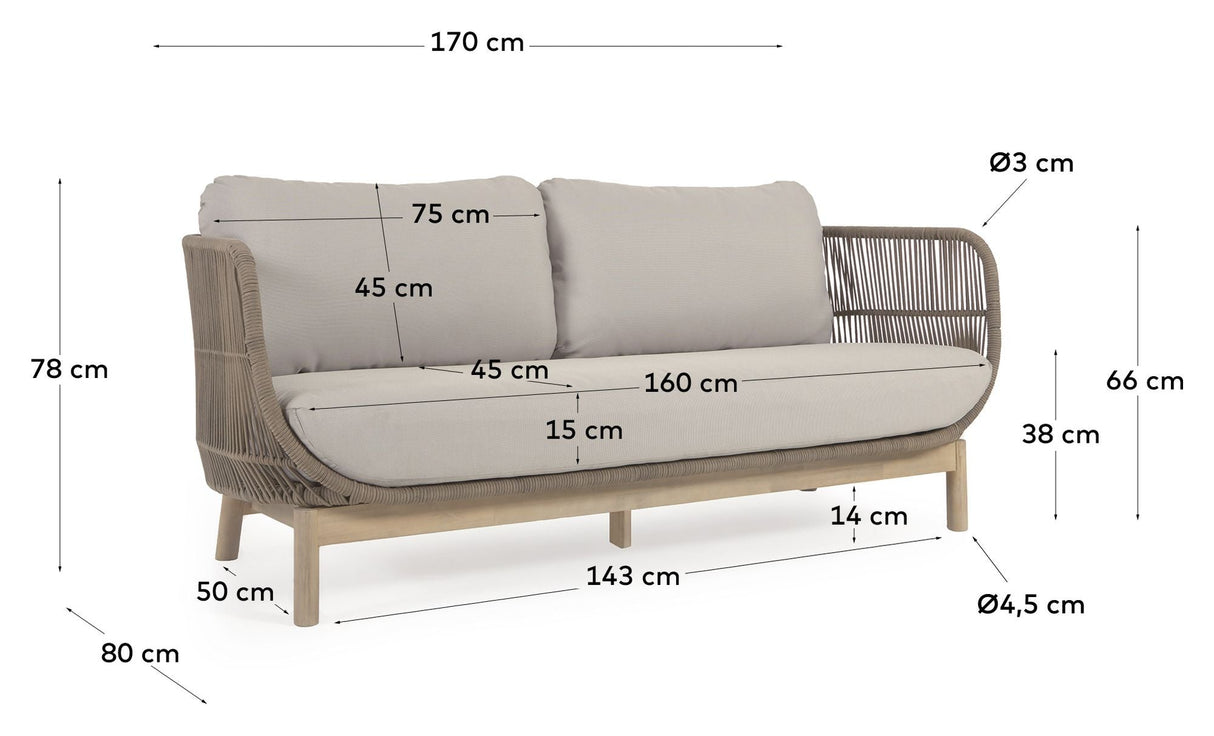 Catalina 3 - pers. Loungesofa m. beige reb, Acacietræ - UNOLIVING.COM