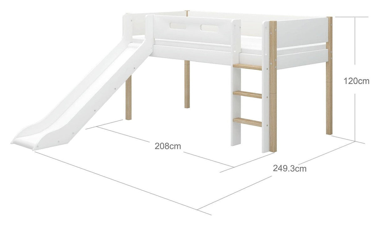 FLEXA Nor Halvhøjseng m. slide hvid 90x200 m. egeben, lige stige - Unoliving.com