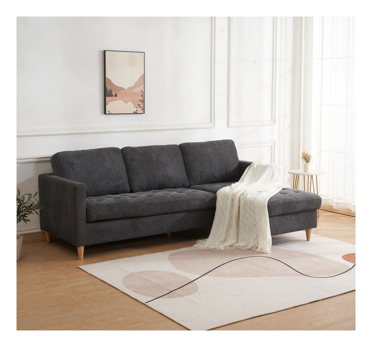 Firenze Sofa m. flytbar Chaiselong, Mørkegrå m. Natur træben - Unoliving.com