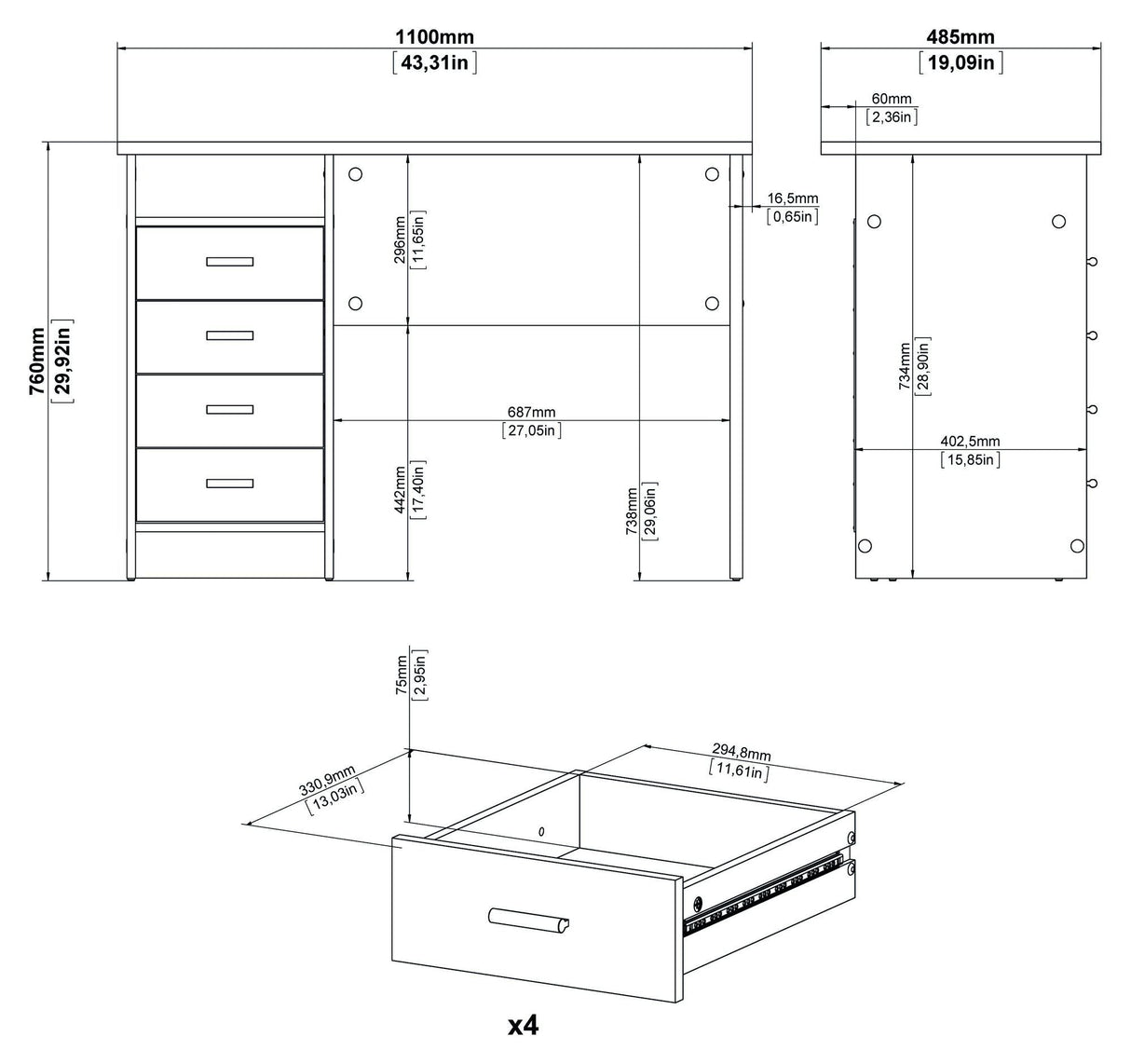 Function Skrivebord - Hvid m/4 skuffer - Unoliving.com