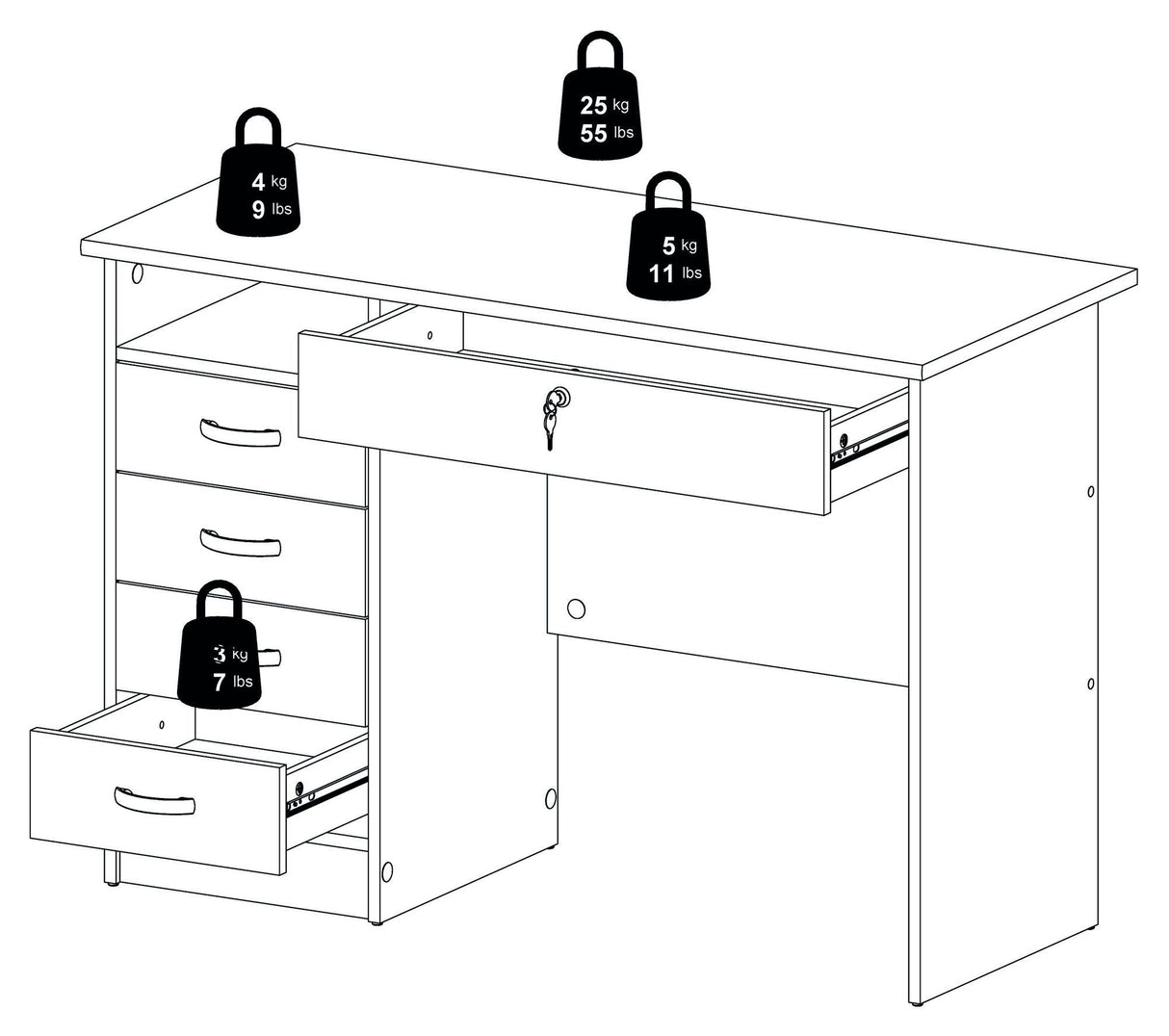 Function Skrivebord - Lystræ m/4 skuffer - Unoliving.com