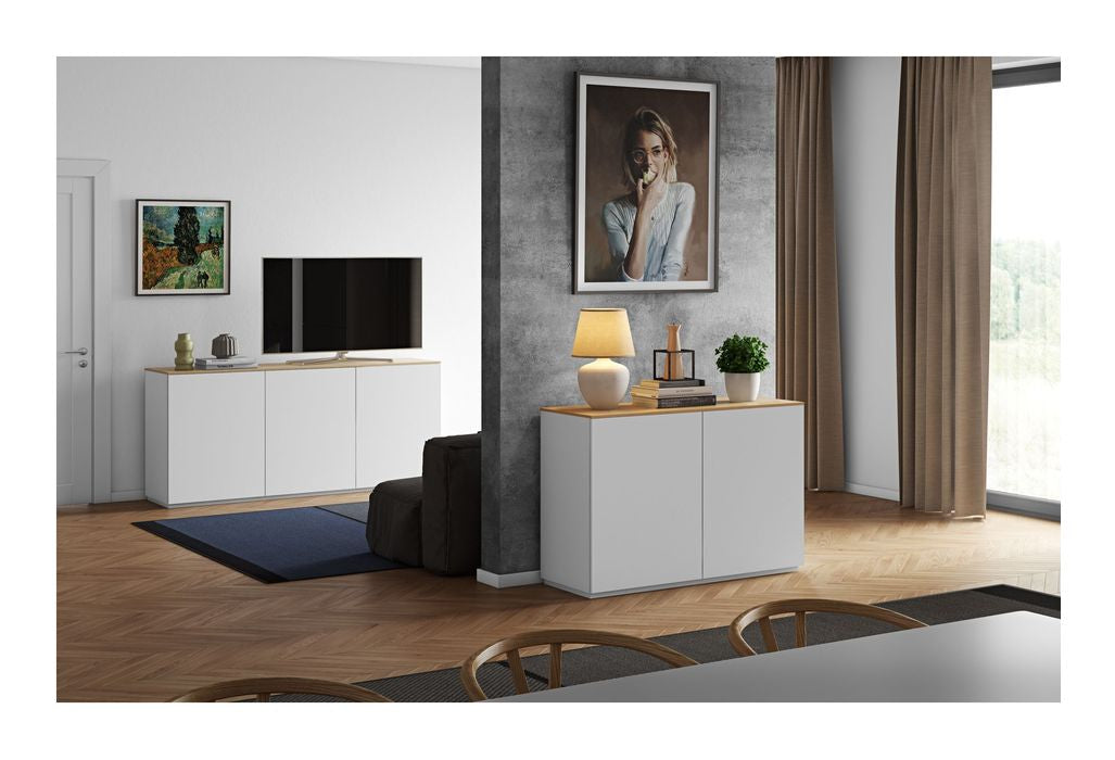 Join Skænk m. 3 låger, Mat hvid/Eg Top, 180x50x84 - Unoliving.com