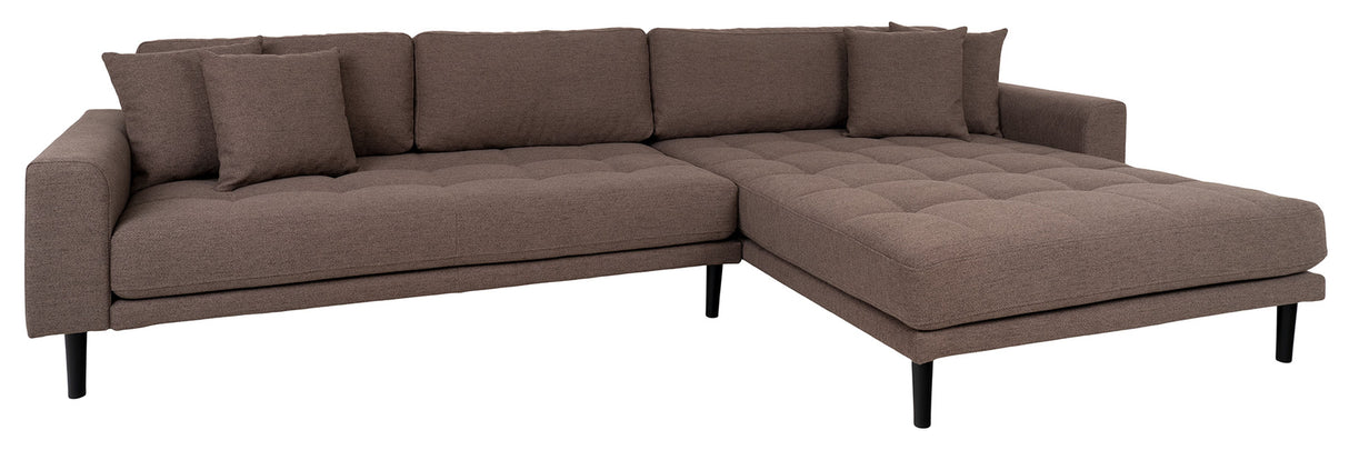 Lounge sofa m. Højrevendt chaiselong, Brun m. puder og sortetræben - Unoliving.com