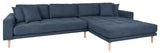 Lounge sofa m. Højrevendt chaiselong, Mørkeblå m. puder og natur træben - Unoliving.com