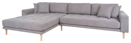 Lounge sofa m. venstrevendt chaiselong, Lysegrå m. puder og natur træben - Unoliving.com