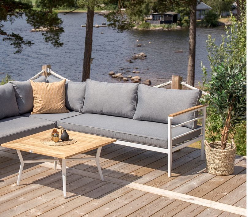 Mexico Hjørnesofa, Hvid Alu/ Hynde/teak bord - Unoliving.com