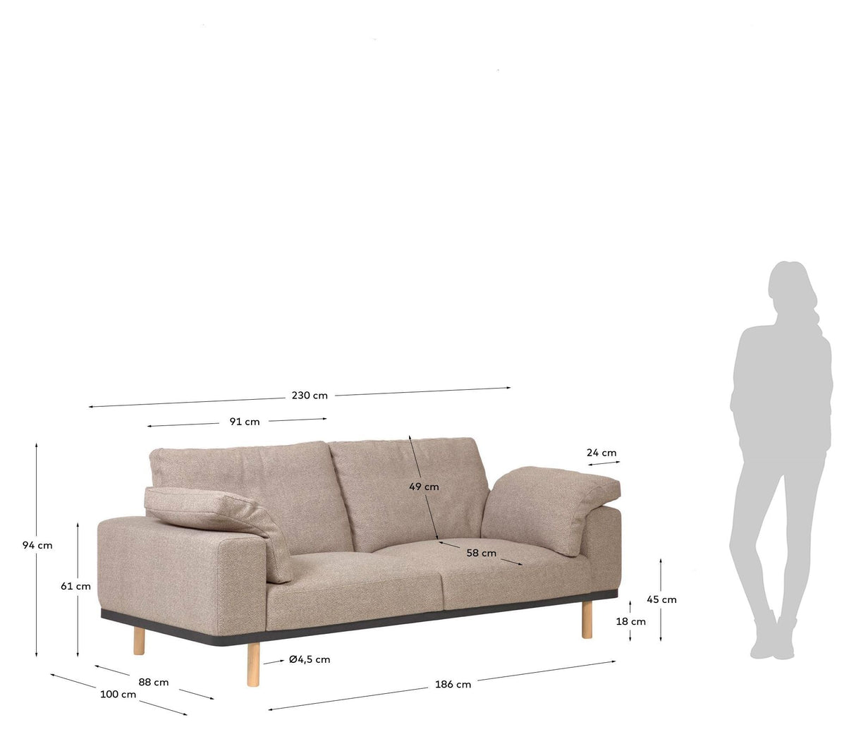 Noa 3-pers. Sofa m. puder Beige/Natur - Unoliving.com