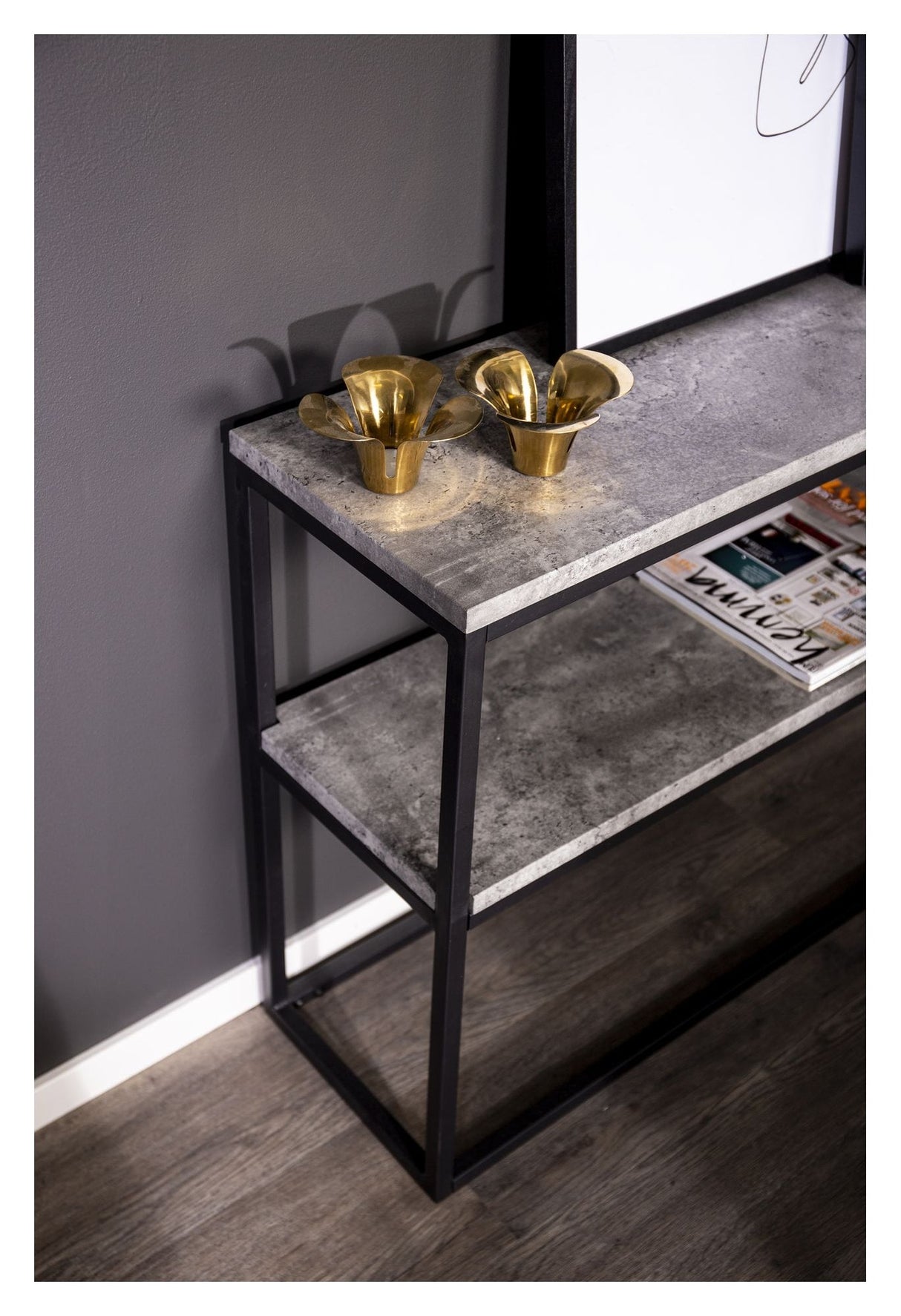 Rise Sidebord Double - Beton-look/Sorte Metalben, 110x30 - Unoliving.com