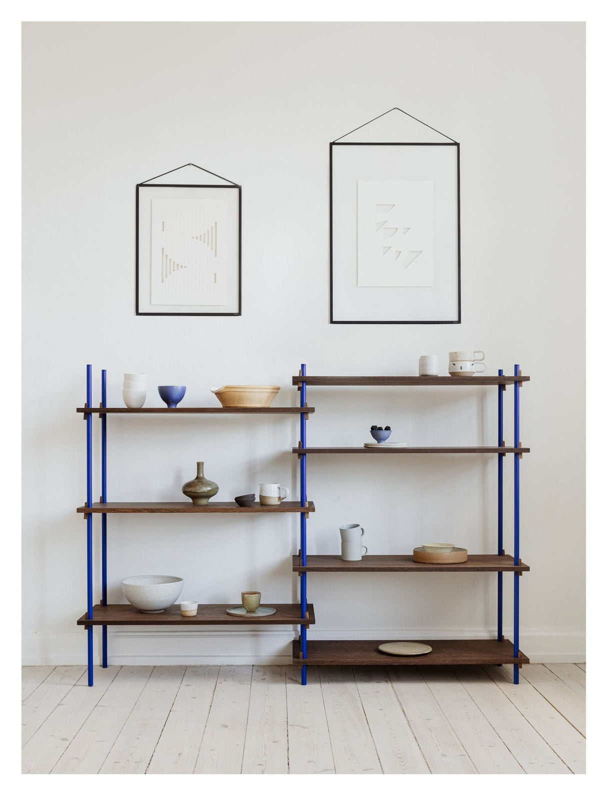 Shelving System, 2 fag, 7 hylder, H:115, Røget Eg/Blå - Unoliving.com