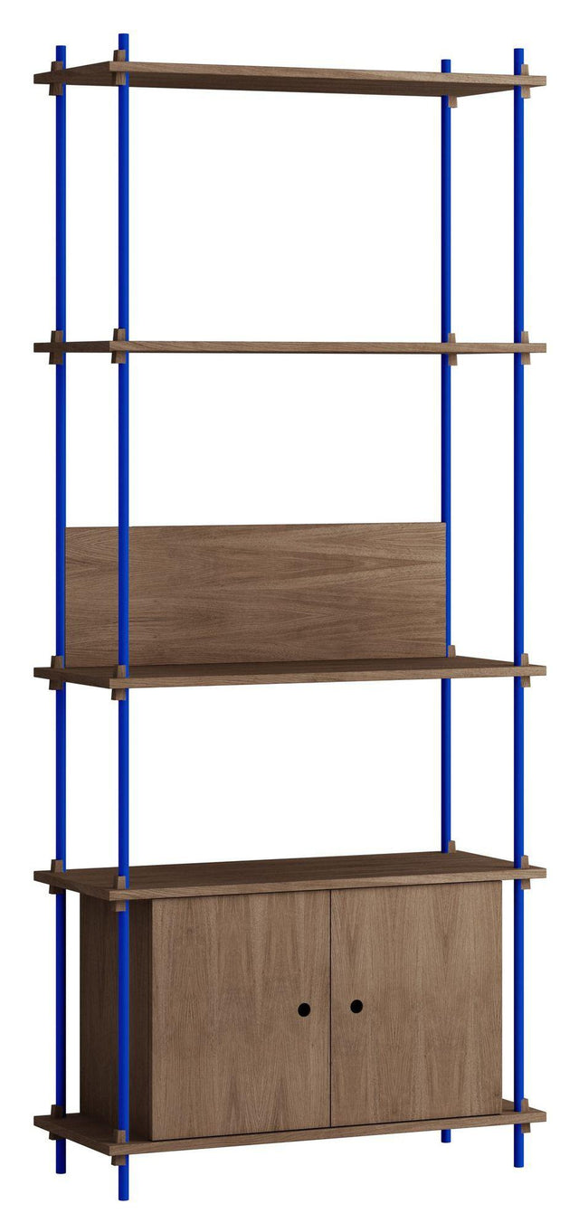 Shelving System m. skab, 1 fag, 3 hylder, H:200, Røget Eg/Blå - Unoliving.com