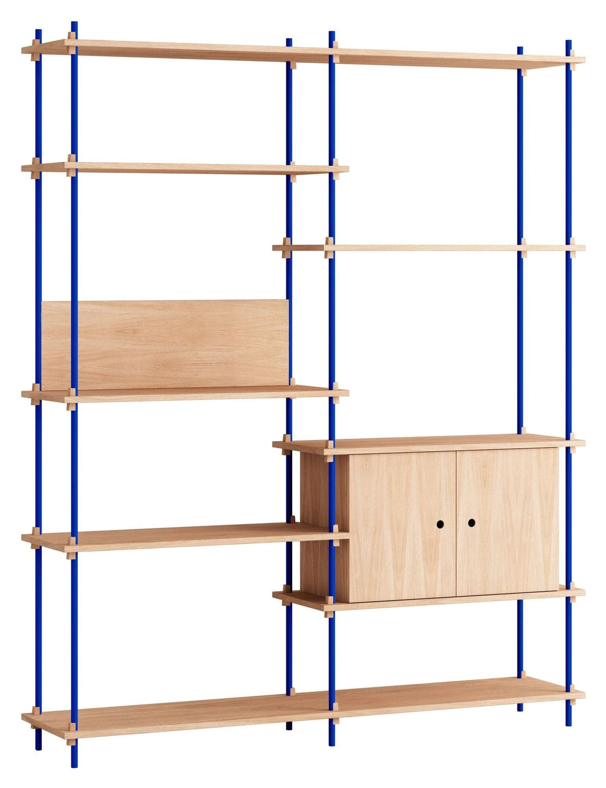 Shelving System m. skab, 2 fag, 8 hylder, H:200, Eg/Blå - Unoliving.com