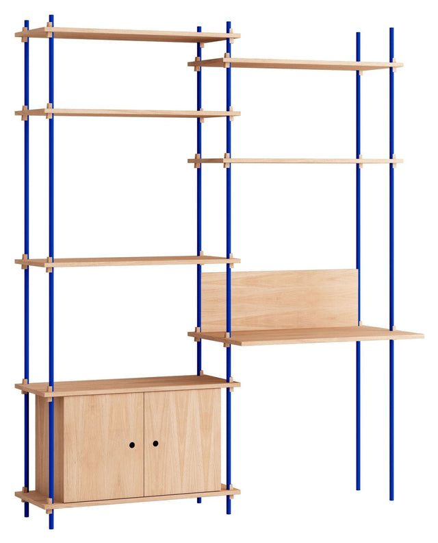 Shelving System m. skrivebord og skab, 2 fag, 4 hylder, H:200, Eg/Blå - Unoliving.com