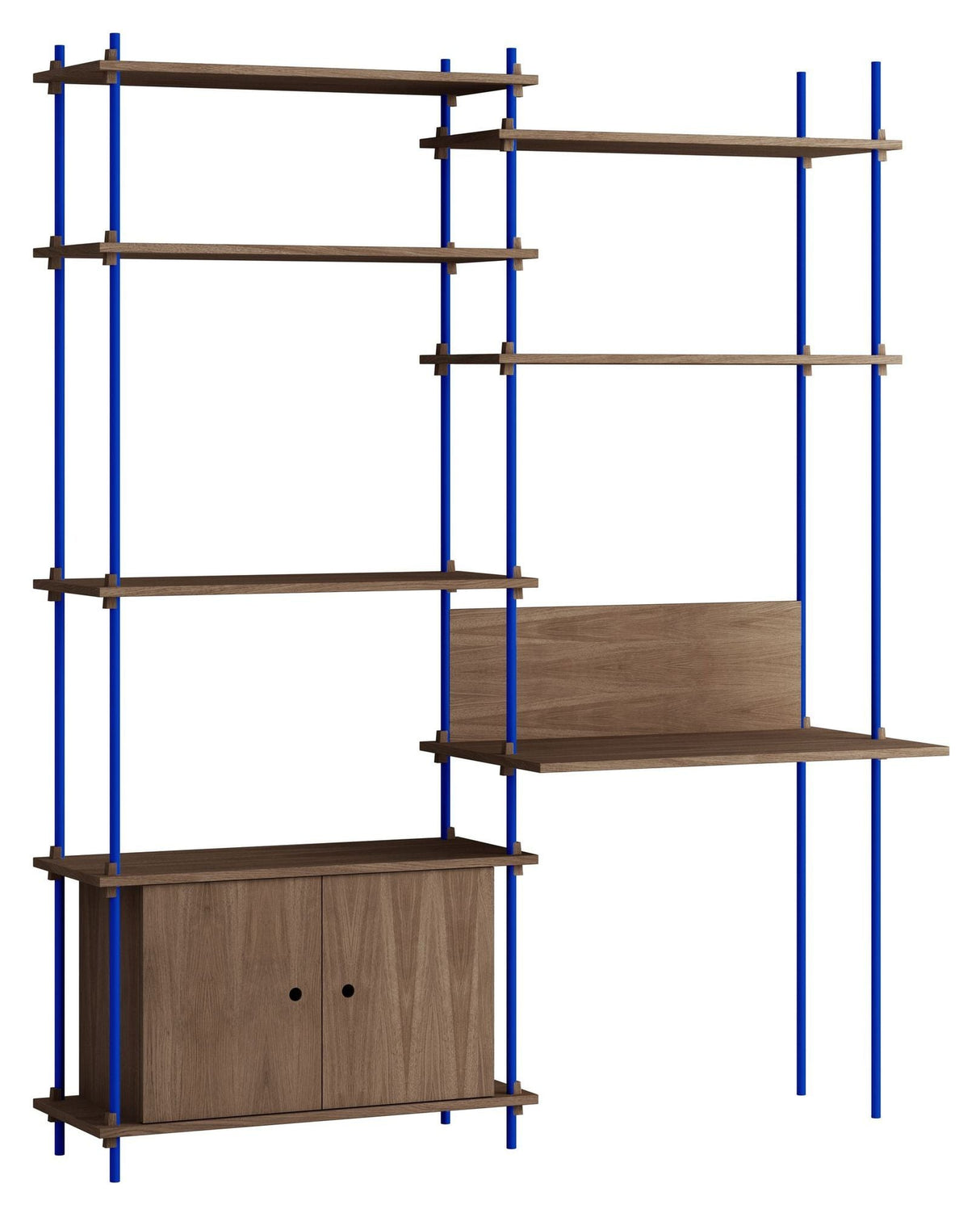 Shelving System m. skrivebord og skab, 2 fag, 4 hylder, H:200, Røget Eg/Blå - Unoliving.com