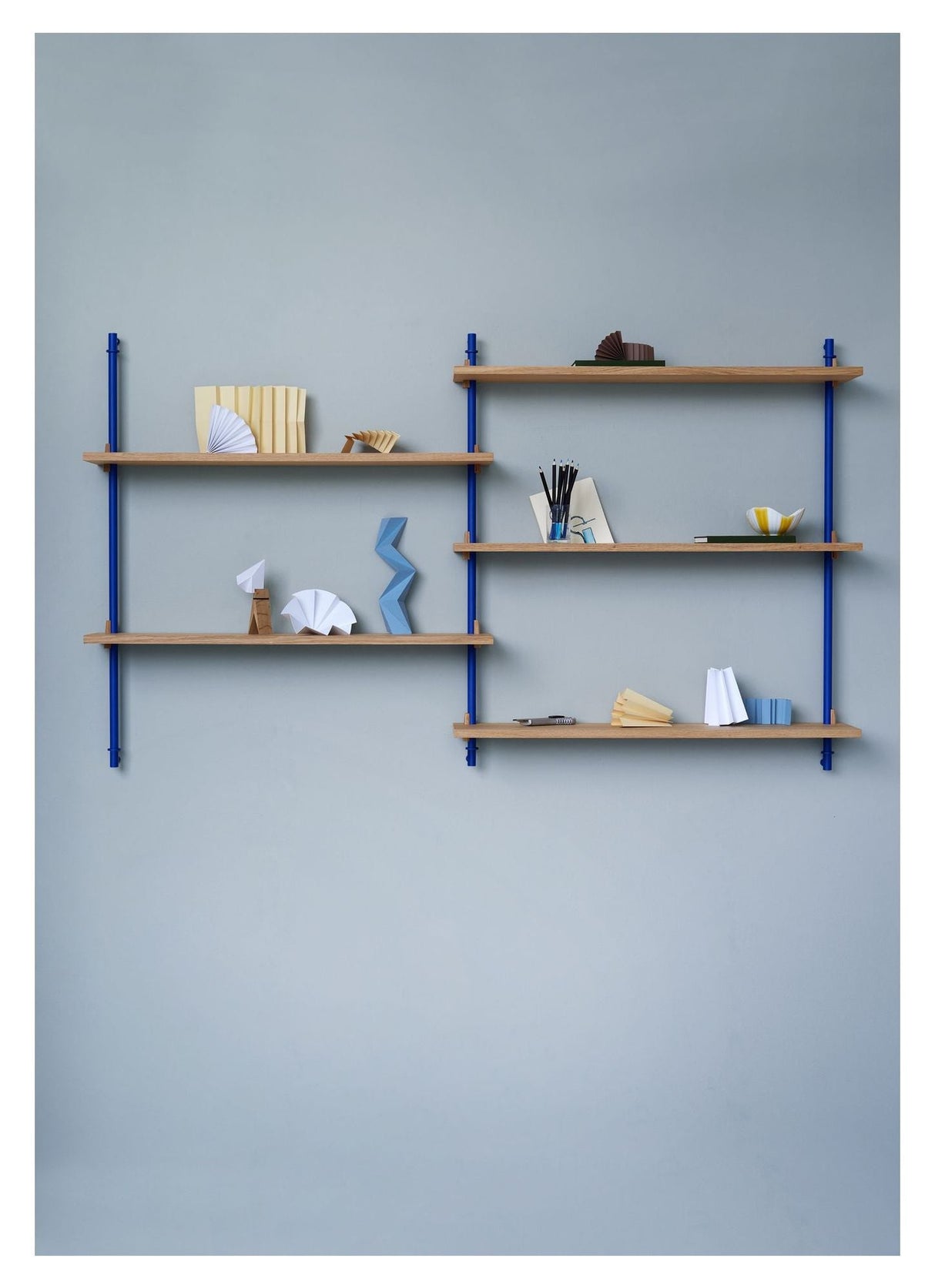 Wall Shelving, 2 fag, 5 hylder, H:85, Eg/Blå - Unoliving.com