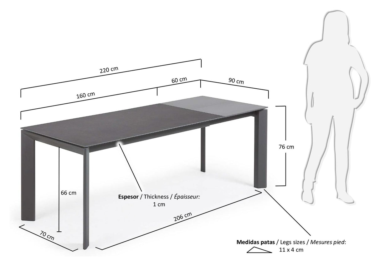 Axis Spisebord, 160/220x90, Vulcano Roca finish/Antracit ben - UNOLIVING.COM