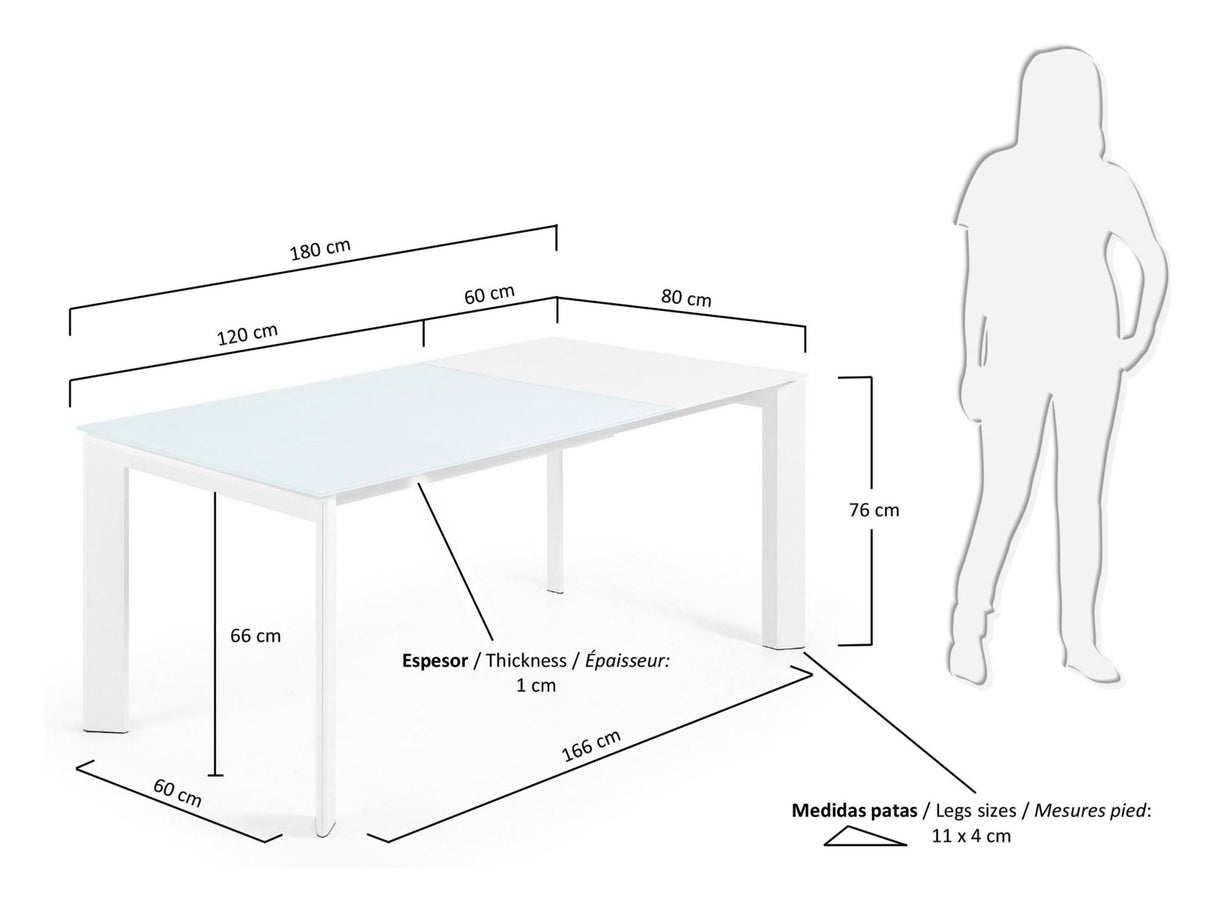 AXIS Spisebord m. udtræk, Hvid Glas, 120 - 180x80 - UNOLIVING.COM