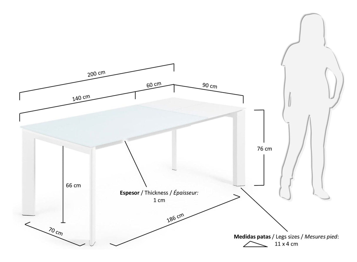 AXIS Spisebord m. udtræk, Hvid Glas, 140 - 200x90 - UNOLIVING.COM