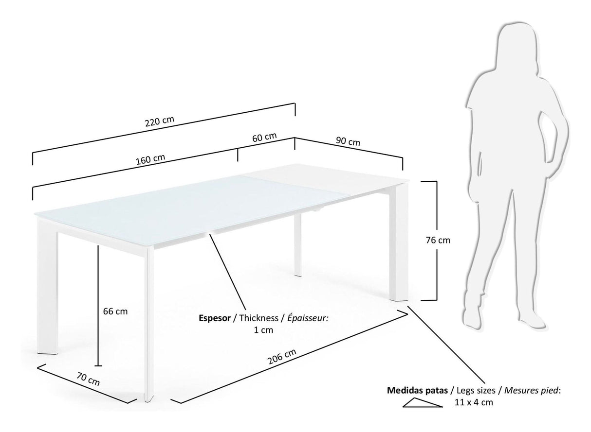 AXIS Spisebord m. udtræk, Hvid Glas, 160 - 220x90 - UNOLIVING.COM