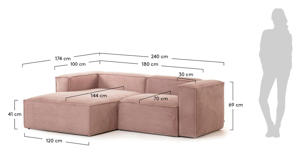 Blok 2 - pers. Sofa m. venstrevendt chaise Rosa Fløjl - UNOLIVING.COM