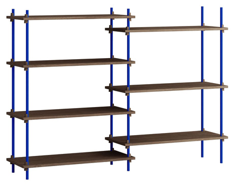 Shelving System, 2 fag, 7 hylder, H:115, Røget Eg/Blå - Unoliving.com