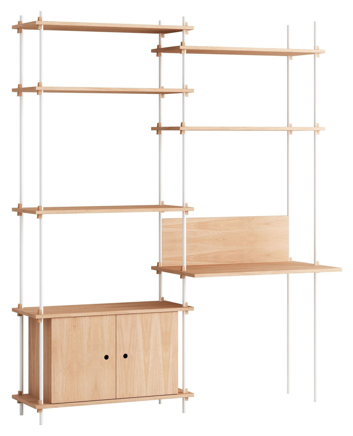 Shelving System m. skrivebord og skab, 2 fag, 4 hylder, H:200, Eg/Hvid - Unoliving.com