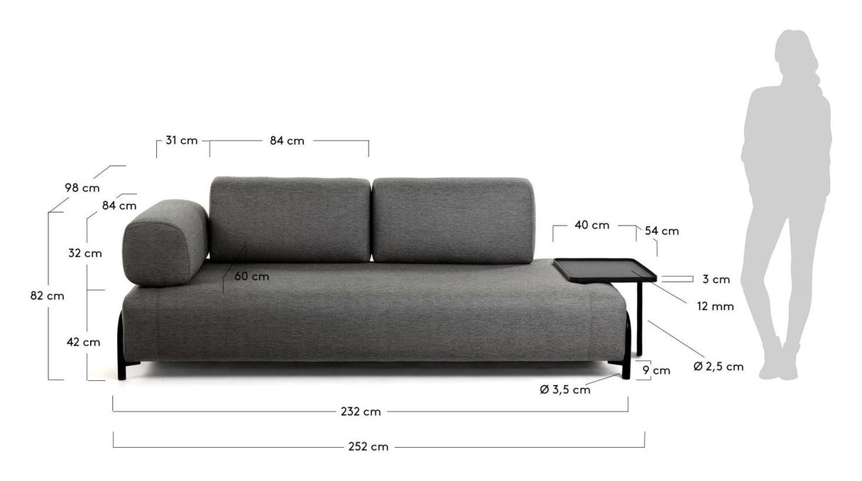 Compo 3 - pers. sofa m. stor bakke, Mørkegråt stof - UNOLIVING.COM