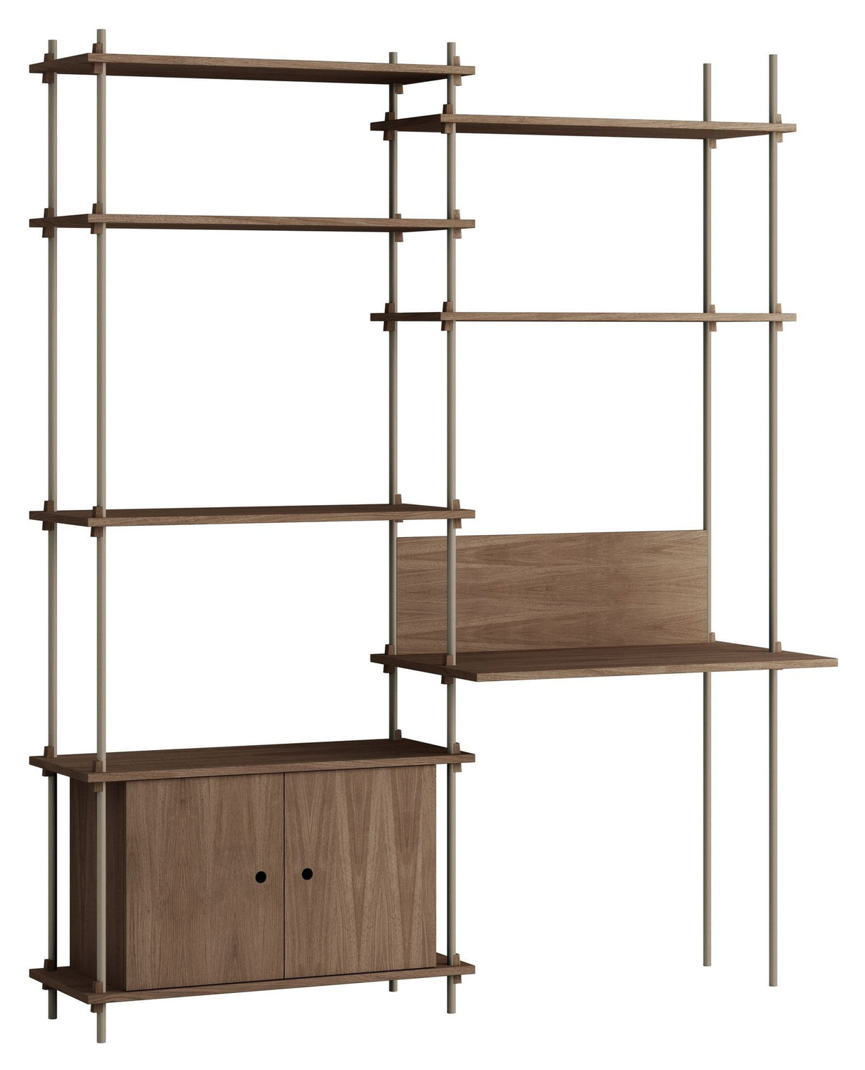 Shelving System m. skrivebord og skab, 2 fag, 4 hylder, H:200, Røget Eg/Grå - Unoliving.com