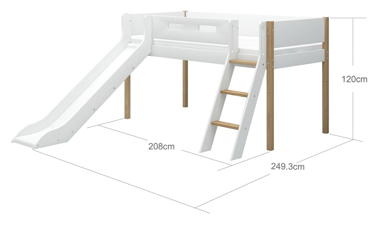 FLEXA Nor Halvhøjseng m. slide hvid 90x200 m. egeben, skrå stige - Unoliving.com