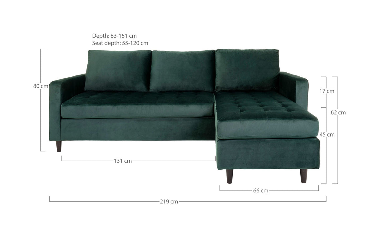 Firenze Sofa m. flytbar Chaiselong, Mørkegrøn Velour - Unoliving.com