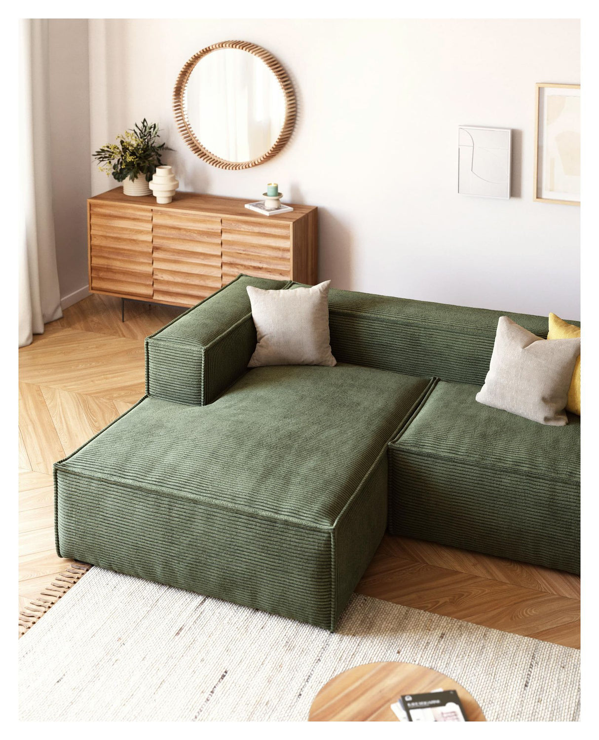 Blok 2-pers. Sofa m. venstrevendt chaiselong, B240, Grøn fløjl - Unoliving.com