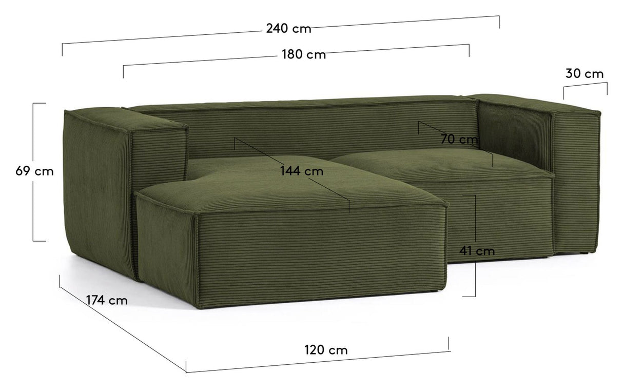 Blok 2-pers. Sofa m. venstrevendt chaiselong, B240, Grøn fløjl - Unoliving.com