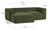 Blok 2-pers. Sofa m. venstrevendt chaiselong, B240, Grøn fløjl - Unoliving.com