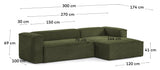 Blok 3-pers. Sofa m. højrevendt chaiselong, B300, Grøn fløjl - Unoliving.com