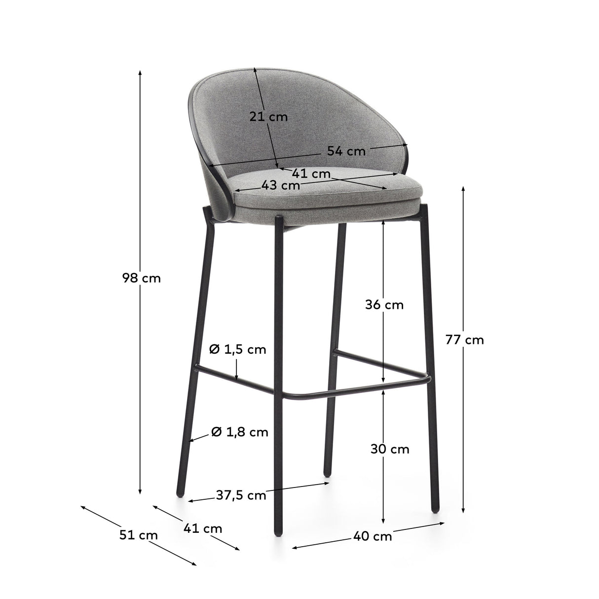 Eamy Barstol m. sort ryglæn, H: 75 cm, Gråt stof - Unoliving.com