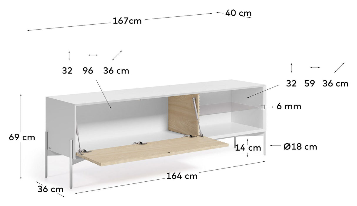 Marielle Tvbord m. låge, 167x69, Hvid/Askefinér - Unoliving.com