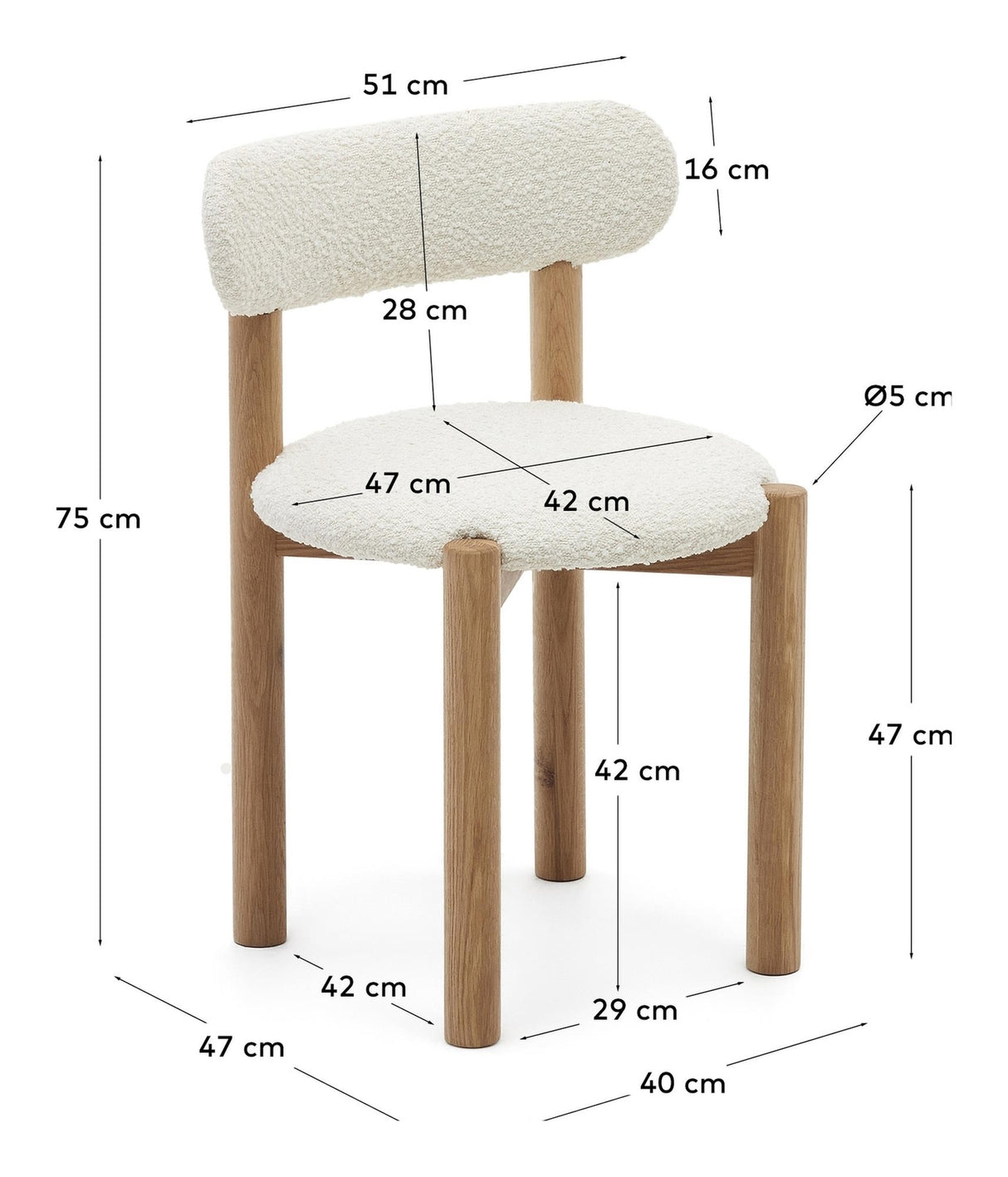 Nebai Spisebordsstol, Hvid bouclé, Massiv eg - Unoliving.com