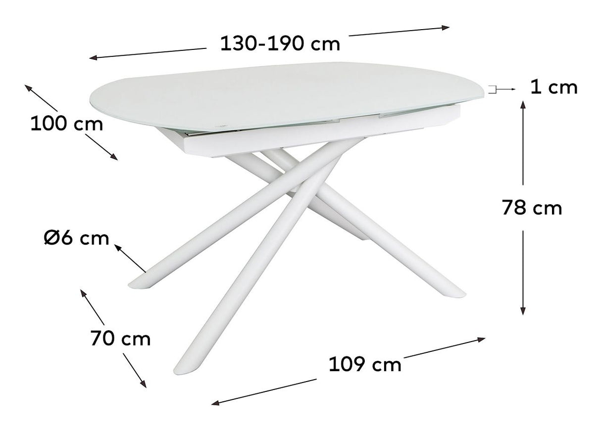 Yodalia Udtræksbart bord, Hvidt glas og MDF, 130x100 - Unoliving.com