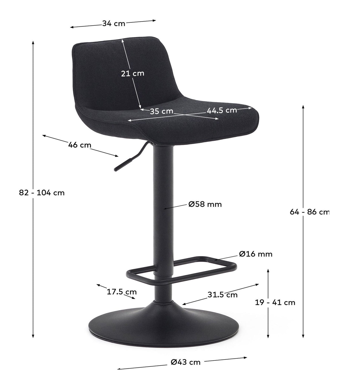 ZEND Barstol m. drej, Sort, H:85 - Unoliving.com