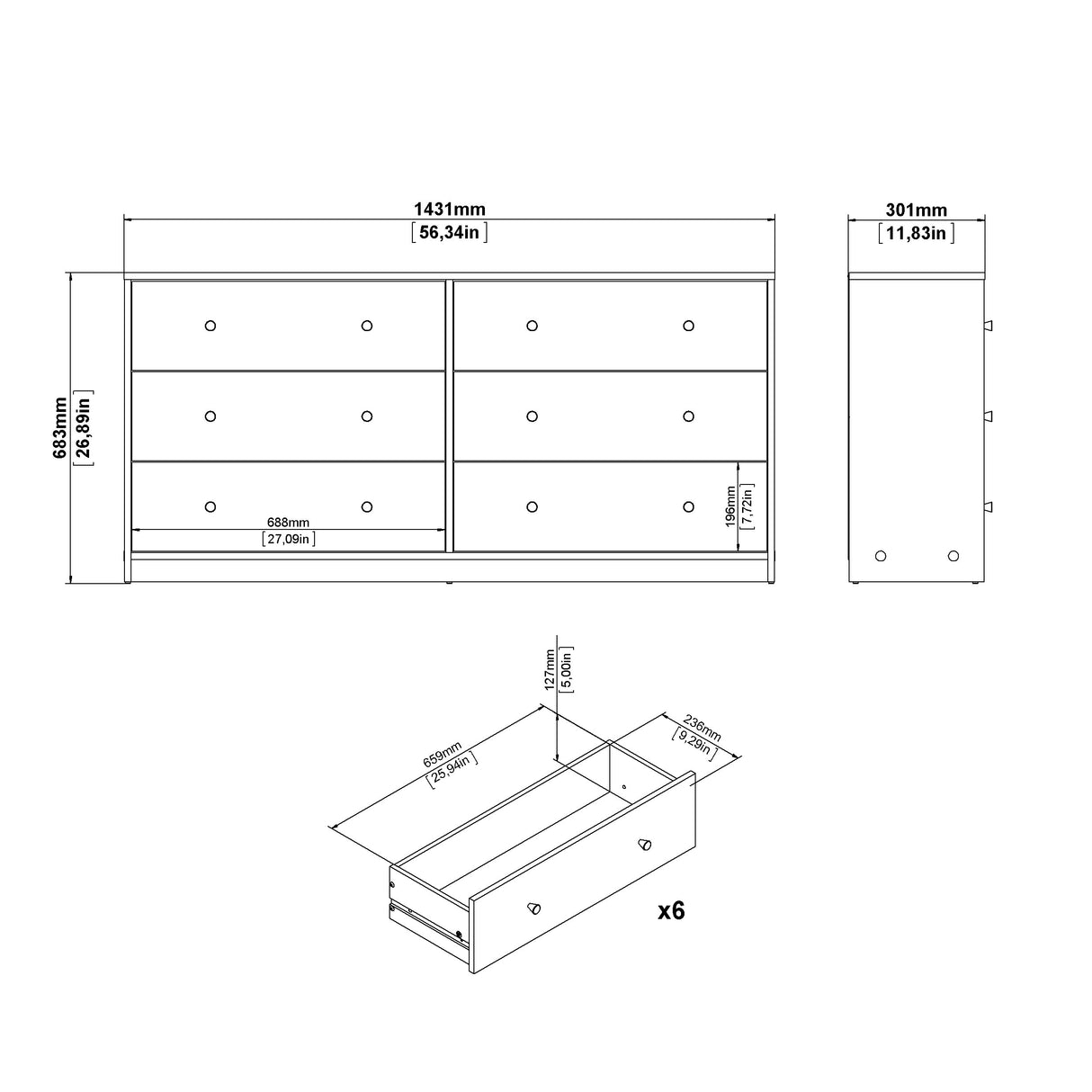 May Dobbelt kommode m. 6 skuffer, 143x30x68, Jackson Hickory