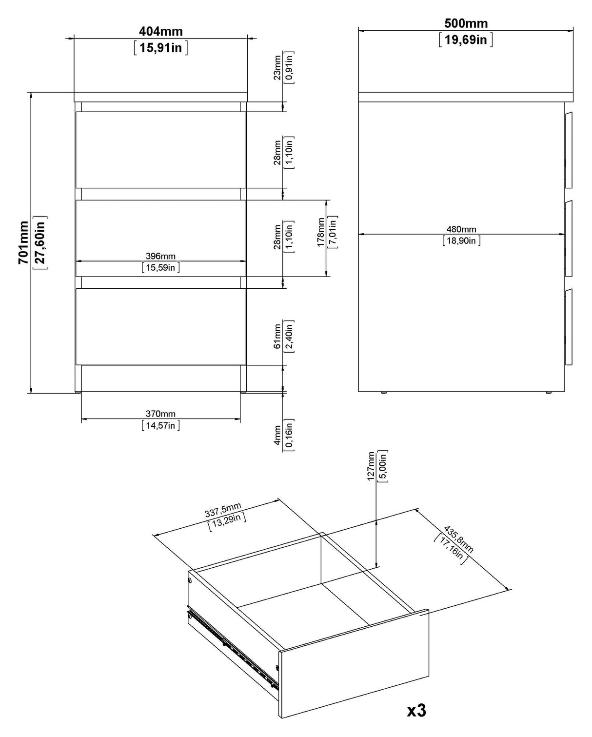 Naia Kommode 3 skuffer, Beton look/Hvid, 70x40